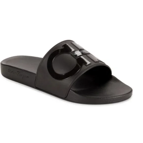 Salvatore Ferragamo BLACK Groove 2 Pools Slide Sandals Size 7 US/M Made in Italy Salvatore Ferragamo Black Double Gancini Slides – ICETIME LUXE main image 2